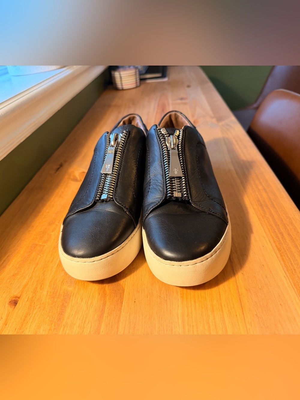 Frye Black Leather Zip-Front Sneakers with Cream Sole - Picture 2 of 5